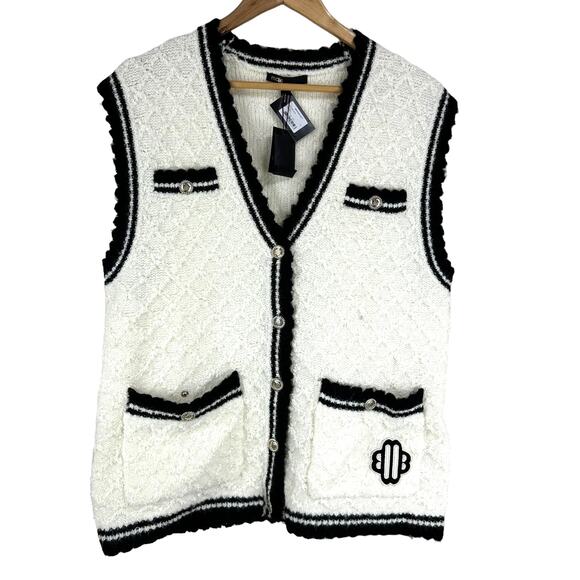 Maje NWT Mirta Knit Contrast Trim Vest White Black Women's Size 3 (US Large) - Picture 3 of 11